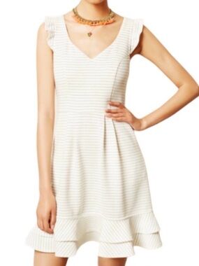 Maeve Anthropologie Women’s Ivory White Striped Dress Ruffles Pockets Size 2